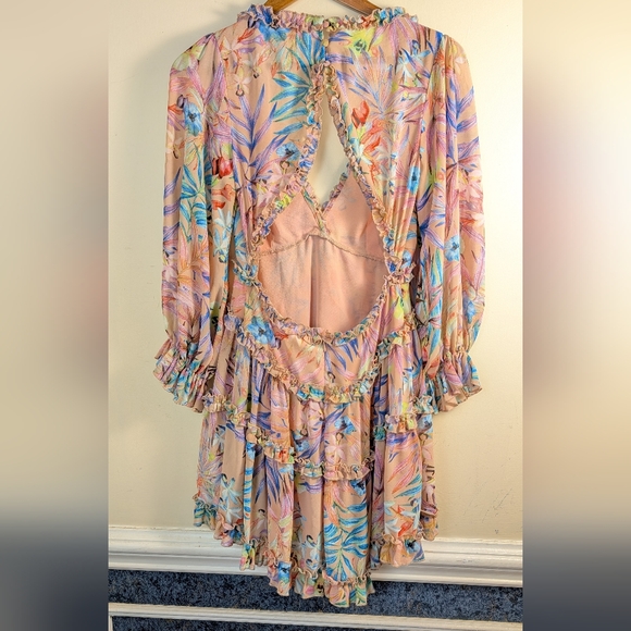 Lilly's Closet Pink Floral Open Back Sheer Sleeves Mini Dress Size M - Picture 2 of 8
